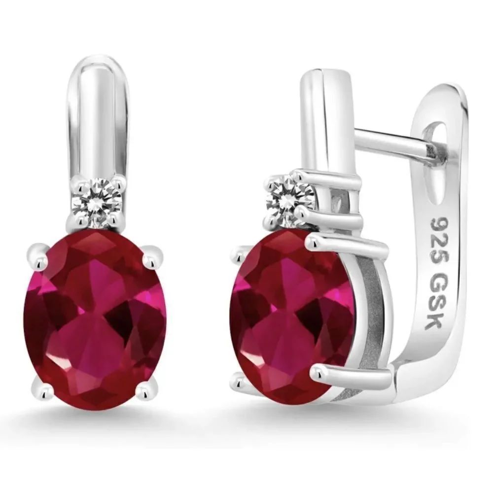 925 Sterling Silver with 4.12 Cttw Ruby and White Diamond Oval Drop Earrings